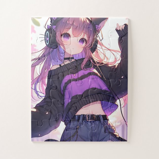 Puzzle Chica de anime bonito en audífonos con orejas del  (Vertical)