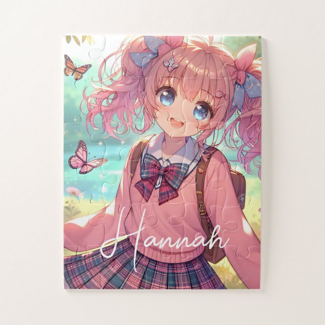 Puzzle Chica de anime bonito en cócteles rosados (Vertical)
