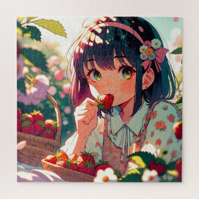 Puzzle Chica de anime cutáneo comiendo fresas | Día de ve (Vertical)