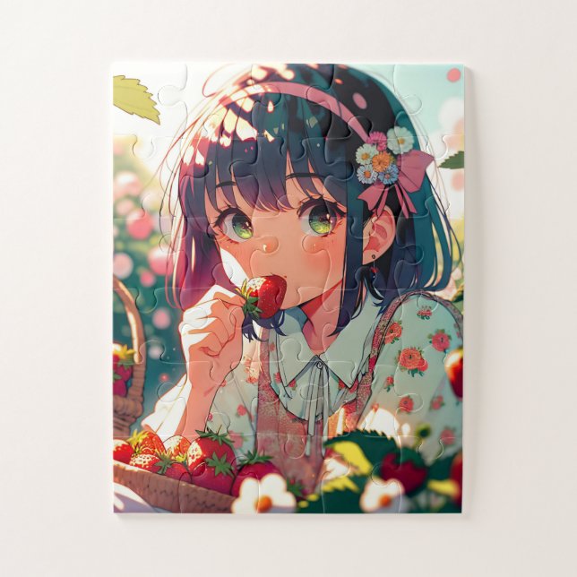 Puzzle Chica de anime cutáneo comiendo fresas | Día de ve (Vertical)