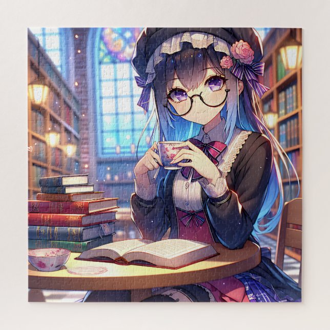 Puzzle Chica de anime lindo en lectura de anteojos (Vertical)