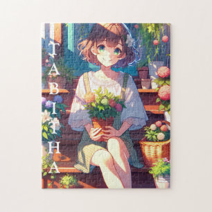 Puzzle Chica de anime lindo sostiene una planta personali