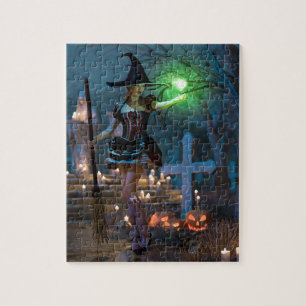 Puzzle Chica de brujas de Halloween en el bosque