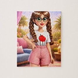 Puzzle Chica de dibujos animados estilizada con trenzas y