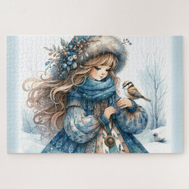 Puzzle Chica de invierno con pájaro en Abrigo Floral Azul (Horizontal)