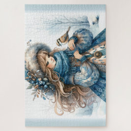 Puzzle Chica de invierno con pájaro en Abrigo Floral Azul