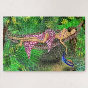 Puzzle Chica de la jungla y pavo real - fantasía de dibuj