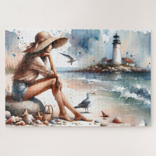 Puzzle Chica de la playa costera y faro