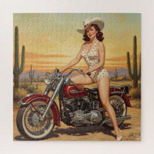 Puzzle Chica de motocicletas Retro Pin-up de la vieja esc