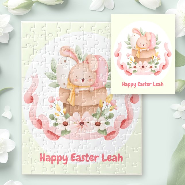 Puzzle Chica de nombres personalizados de conejito de pas (Happy Easter Cute Bunny Personalized Name Girl Jigsaw Puzzle)