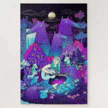 Chica de pelo blanco tocando la guitarra