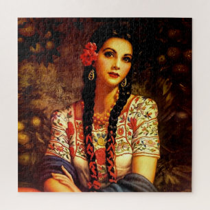 Puzzle Chica de pinza de cosecha mexicana con trenzas lar