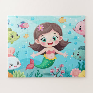 Puzzle chica de sirena personalizado en el mar con pescad