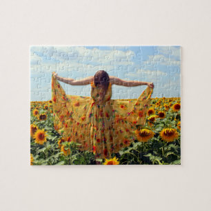 Puzzle Chica en campo del girasol