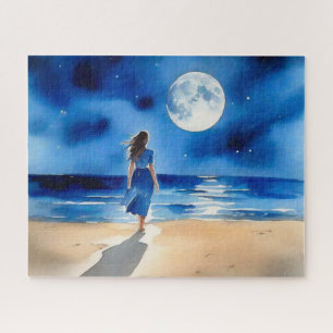 Puzzle Chica en la playa bajo una luna llena