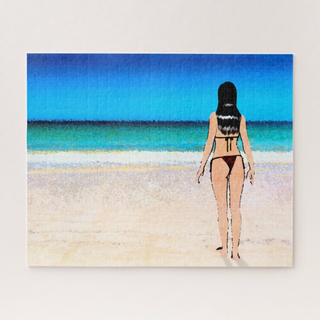 Puzzle Chica en la playa usando una pintura en bikini (Horizontal)