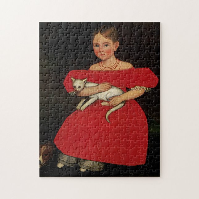 Puzzle Chica en rojo con su gato y perro (Vertical)