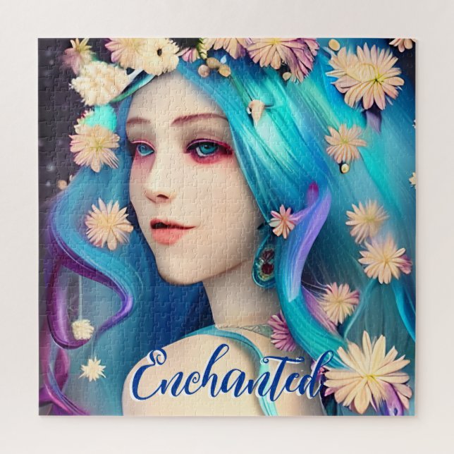 Puzzle Chica encantado con flores personalizadas (Vertical)