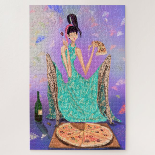 Puzzle Chica hambriento comiendo pizza y bebiendo vino -  (Vertical)