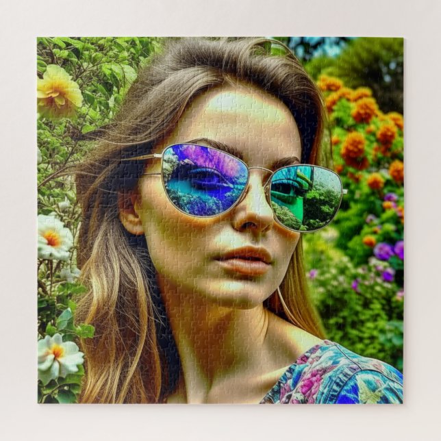 Puzzle Chica Hermosa con Reflejo de Flores en Gafas de So (Vertical)