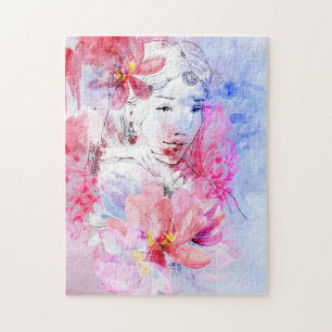 Puzzle Chica hermoso con un ramo de flores