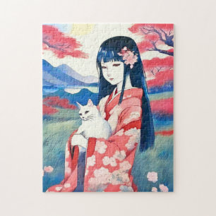 Puzzle Chica japonés con gato blanco