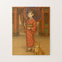 Puzzle Chica Kimono y perro shiba en Asakusa