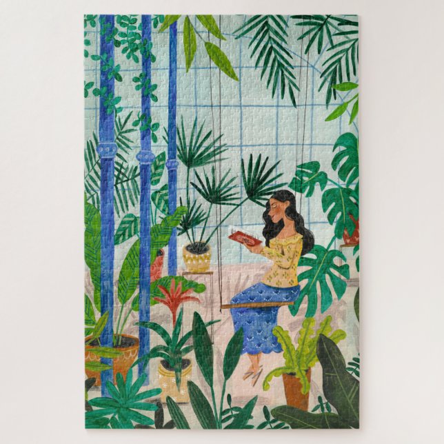 Puzzle Chica leyendo plantas de invernadero azul conscien (Vertical)