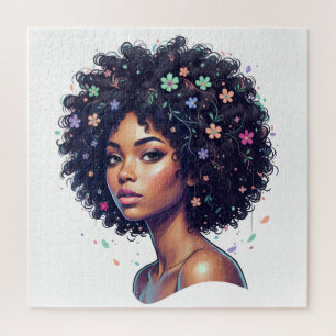 Puzzle Chica Negra Caprichosa con Afro Adornado con Flore