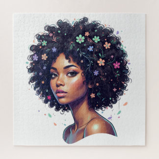 Puzzle Chica Negra Caprichosa con Afro Adornado con Flore