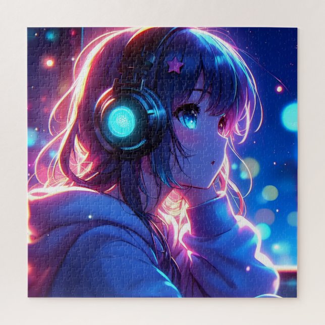 Puzzle Chica Neon Anime con audífonos en cómic (Vertical)