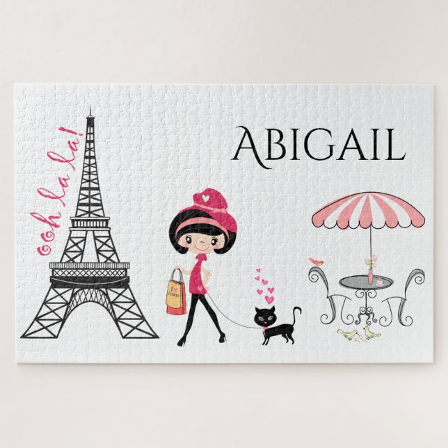 Puzzle Chica personalizado y torre Cat Eiffel París (Horizontal)