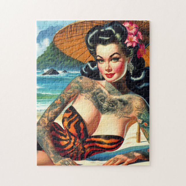 Puzzle Chica pin-up de playa con tatuajes retro (Vertical)