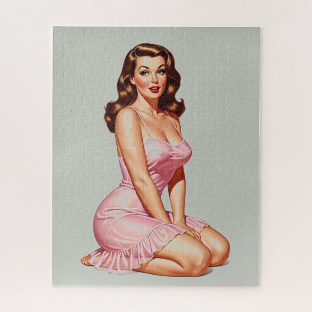 Puzzle Chica Pin-up Morena Retro en Rosa (Vertical)