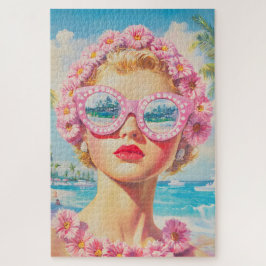 Puzzle Chica Retro Beach con gafas de sol florales