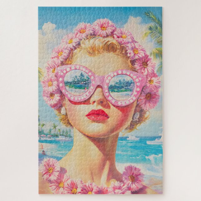 Puzzle Chica Retro Beach con gafas de sol florales (Vertical)