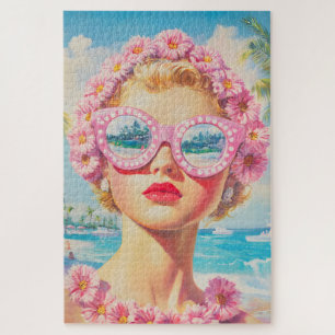 Puzzle Chica Retro Beach con gafas de sol florales