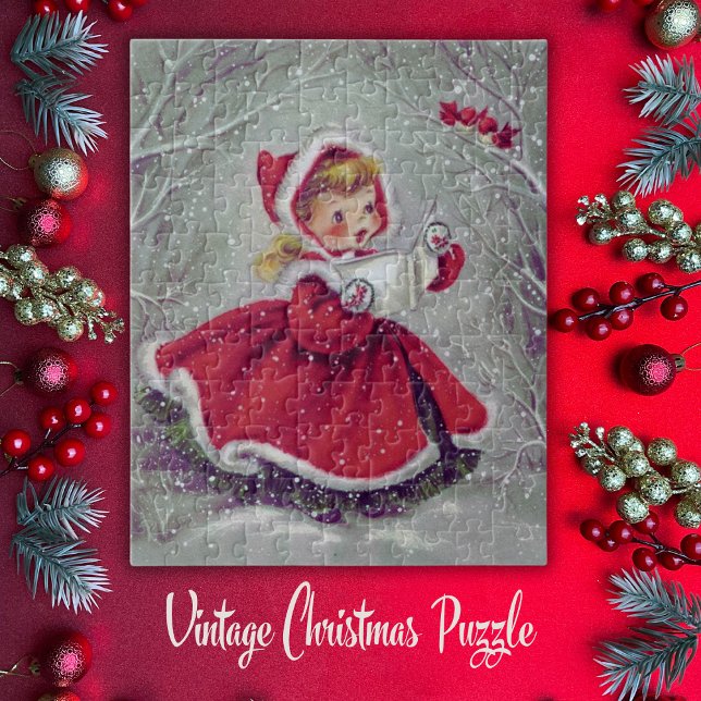 Puzzle Chica retro de cosecha en nieve (Vintage Retro Christmas Girl Caroling in Snow Jigsaw Puzzle)