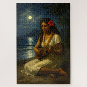 Puzzle Chica Retro Hawaiana & Ukulele en una Playa a la L