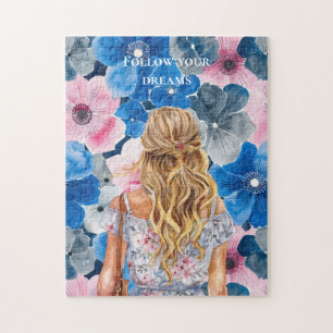 Puzzle Chica Rubia Floral Rosa Azul Chic de Verano
