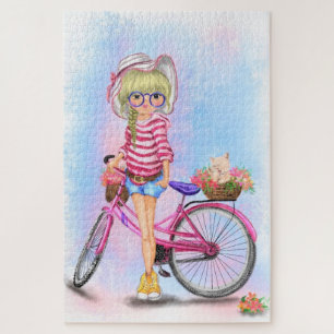 Puzzle Chica rubio y gato mozo rosado en las flores