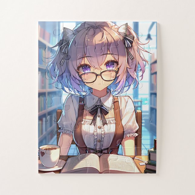Puzzle Chica Smart Anime en libros de lectura de bibliote (Vertical)