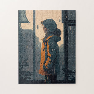 Puzzle Chica solitario quédese bajo la lluvia junto con p