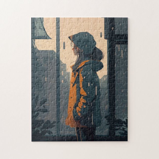 Puzzle Chica solitario quédese bajo la lluvia junto con p (Vertical)