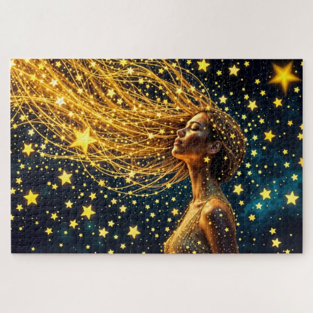 Puzzle Chica soñadora rodeada de brillantes estrellas (Horizontal)