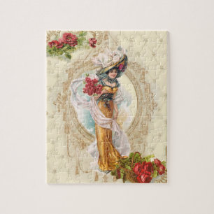 Puzzle Chica victoriano con rosas rojas