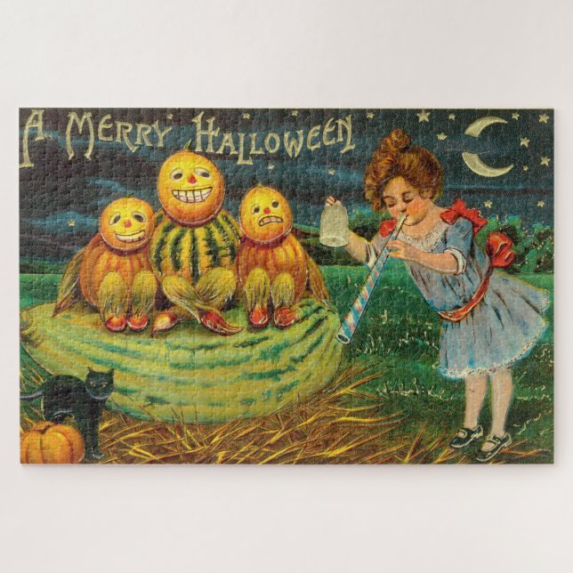 Puzzle Chica Vintage de Halloween con calabazas (Horizontal)