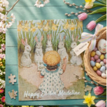 Chica Vintage y conejos de Pascua cantando