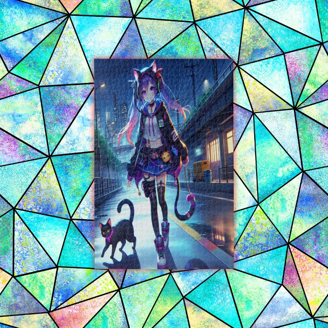Puzzle Chica y gato de Anime Gamer | (Subido por el creador)