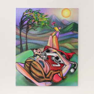 Puzzle Chica y gato en la naturaleza Estilo arte original